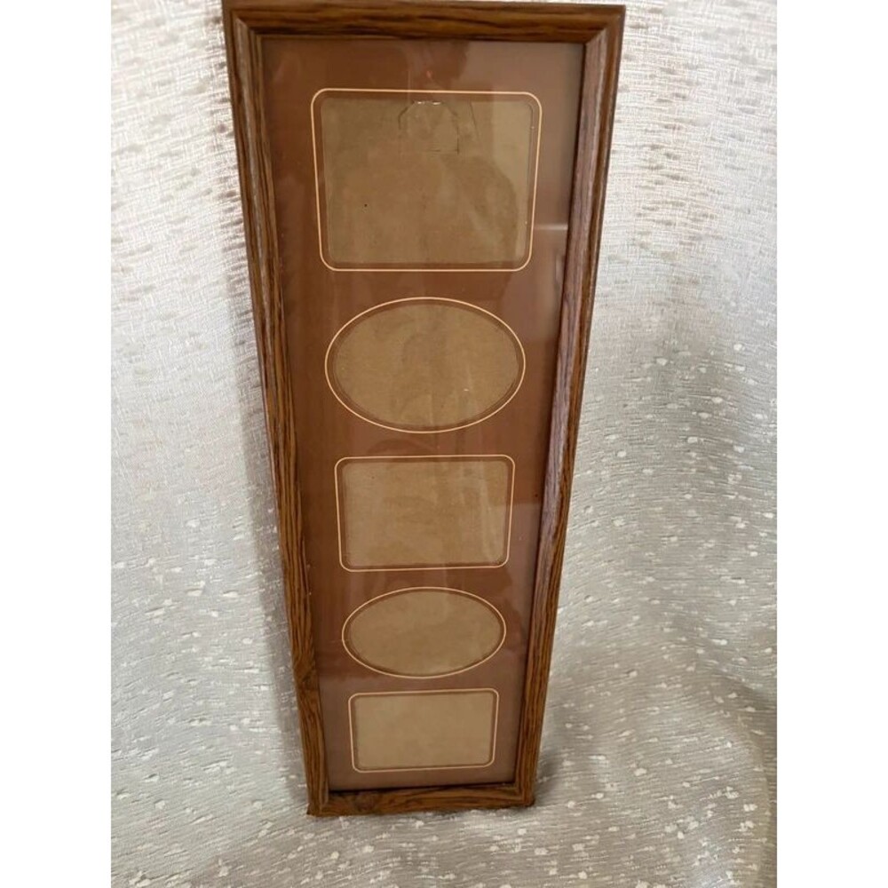 1970s MCM Vintage Oak Multi Picture Photo Frame 5 Window Collage Farmhouse Decor